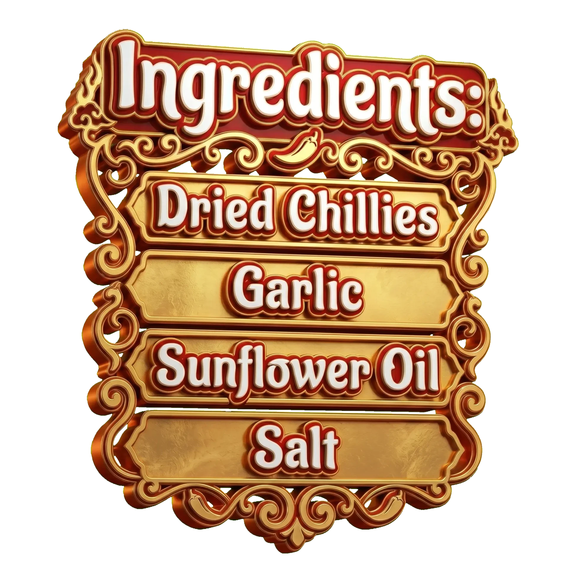 Ingredients: Dried Chillies, Garlic, Sunflower Oil, Salt